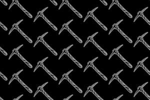 railroad pickaxe miner doodle seamless pattern on black background for miner, explorer, adventure pickaxe engraving pattern background. retro pickaxe mining tool hatching illustration wallpaper vector