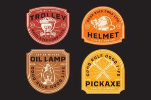 minecart with stock, trolley vehicle, old safety helmet with lamp, oil gas lantern, railroad pickaxe mining tool retro badge logo design collection set for miner, engineer, industry, adventure vector
