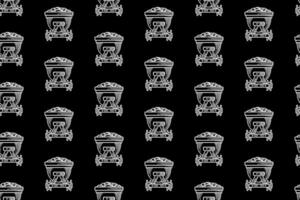 old minecart train doodle seamless pattern on black background for miner, explorer, adventure classic trolley cart engraving pattern background. retro mine trolley hatching illustration wallpaper vector