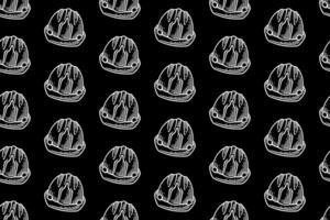 old safety helmet doodle seamless pattern on black background for miner, explorer, adventure mining helmet engraving pattern background. retro mine helmet protection hatching illustration wallpaper vector