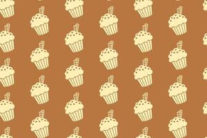 cupcake with sparkle and wafer stick silhouette seamless pattern on tan background. tasty cupcake with swirly vintage pattern background. retro muffin desert symbol wallpaper for bakery merchandise vector