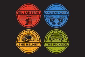 oil lantern, miner trolley, minecart with one wheel, safety helmet, mattock pickaxe, gas lamp, pick mining tool retro badge logo design collection set for miner, engineer, industry, adventure vector