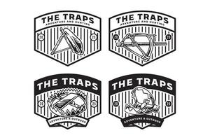 rustic animal trap or catcher with cogged, cruel, pitfall, jagged, jaw illustration badge emblem patch logo design collection set for hunter, outdoor, explore, wildlife and adventure. vector