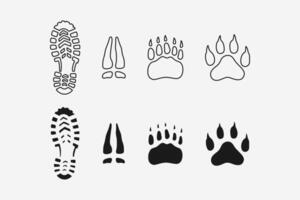 hunter and prey footprints with boots, bear, tiger, deer, grizzly, lion, roe tracks outline, line art, filled, glyph style icon symbol element designs set for hunter, explore, wildlife and adventure. vector