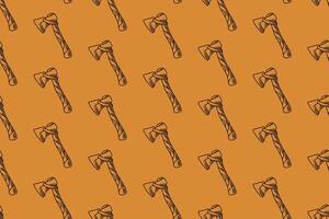 axe with wooden handle doodle seamless pattern on tan background for adventure merchandise. outdoor axe engraving pattern background. retro camping axe with sheath hatching illustration wallpaper vector