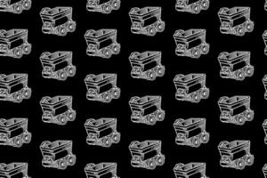 old trolley cart with pickaxe doodle seamless pattern on black background for miner, explorer classic minecart train hatching pattern background. retro mine trolley engraving illustration wallpaper vector