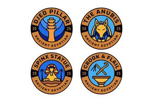 anubis head, sphinx statue, djed pillar, crook and flail crossed colorful modern illustration badge logo design set for ancient egyptian, historian, archaeologist, museum, researcher vector