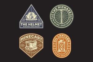 safety helmet with lamp, drifting pickaxe, minecart with pick, trolley vehicle, oil gas lantern, mining tool retro badge logo design collection set for miner, engineer, industry, adventure vector