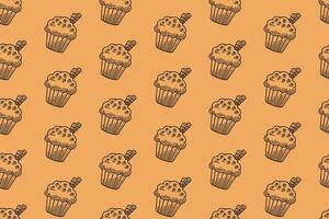 cupcake with sparkle and wafer stick line art seamless pattern on tan background. tasty cupcake cake engraving pattern background. retro muffin sweet desert hatching wallpaper for bakery merchandise vector