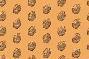 cupcake with swirl dough line art seamless pattern on tan background. tasty cupcake with swirly engraving pattern background. retro muffin sweet desert hatching wallpaper for bakery merchandise vector