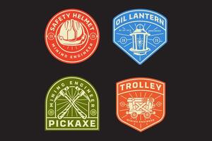 safety helmet, oil lantern, pole pickaxe, gas lamp, miner trolley, minecart, pick mining tool retro badge logo design collection set for miner, engineer, industry, adventure vector