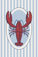 Doodle style poster. Illustration of appetizing lobster on striped background. Sketch of poster, poster, invitation in retro style. vector