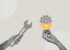 Trendy halftone collage. Hands holding a light bulb with a gear and a wrench.Concept product development,business problem solving,efficiency concept vector