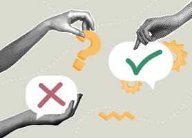Trendy halftone collage. Concept of question, answer and solution. The concept of making the right decision, choosing a path, the challenge of results. illustration vector