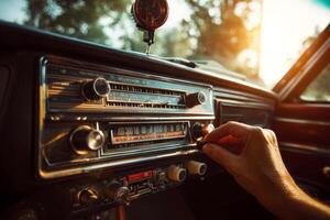 Close up of driver hand tuning classic car radio on vintage dashboard photo