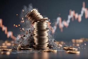Falling stack of coins with red stock chart in background. Economic crash concept photo