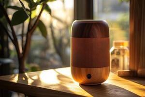 Wireless bluetooth speaker on wooden table with morning sunlight photo