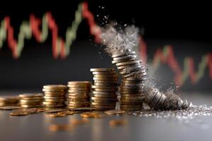 Falling stack of coins with red stock chart in background. Concept of economic downturn, inflation or stock market crash photo