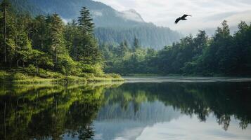 A bird flying over a lake surrounded by trees photo
