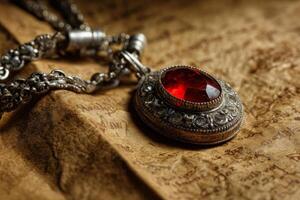 Amulet with red stone on ancient parchment background photo