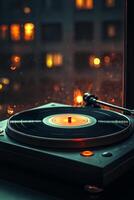 Vintage turntable playing vinyl record near window photo