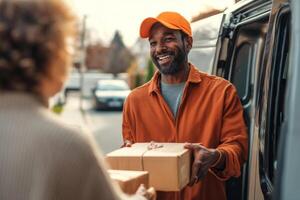 Express parcel delivery with smiling courier outdoors photo