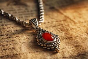 Magical amulet with red stone on ancient parchment background photo