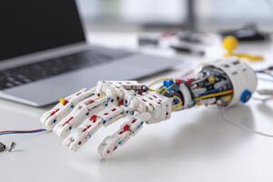 Educational robot hand model in classroom or tech lab setup photo