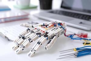 Robotic hand project with wires on white desk in home lab photo