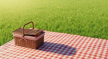 A Sunny Day Picnic Basket on Red and White Checkered Picnic Blanket in a Lush Green Field photo