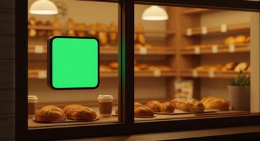 Evening Bakery Showcase. Green Screen Mockup in a Warm, Inviting Atmosphere photo