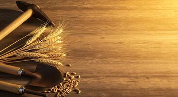 Golden Harvest. Wheat, Tools, and Rustic Wood photo