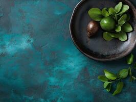 A bowl of green leaves and a lime on a blue background photo