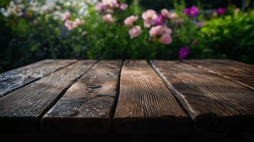 A wooden table with flowers in the background photo