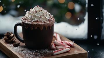 Cozy Hot Chocolate with Whipped Cream and Candy Canes on Snowy Day photo