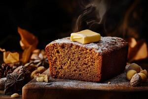A piece of bread with butter and nuts on a wooden board photo
