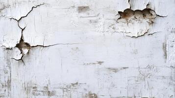 Cracked white paint background with exposed surface underneath. photo