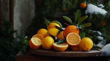 A bowl of oranges and a tree with snow on it photo