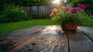 A flower pot on a table photo