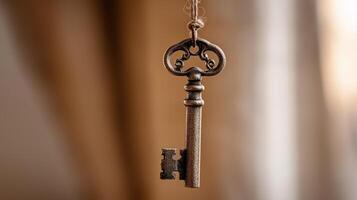 An old key hanging from a string photo