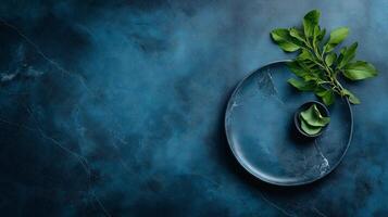 A blue marble table with a green leaf on it photo