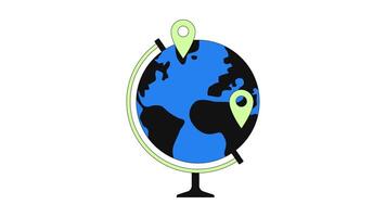 Globe map pins 2D onboarding ui animation. Geolocation international. Global outreach. Pinpoint locations. Distribution worldwide animated cartoon flat concept metaphor 4K isolated on white video