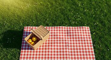 Summer Picnic Basket on Checkered Blanket in Sunny Meadow photo