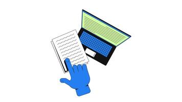 Study data 2D onboarding ui animation. Document processing, digitization. E-learning. Finger pointing at paperwork with laptop animated cartoon flat concept metaphor 4K isolated on white video