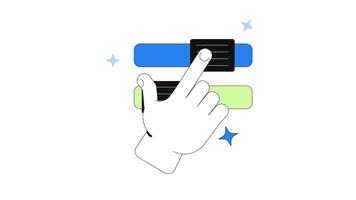 Hand interacting with sliders toggles 2D onboarding ui animation. User customization. Interface configuration. Interactive control animated cartoon flat concept metaphor 4K isolated on white video