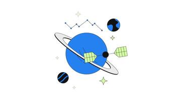 Space communication and data satellite 2D onboarding ui animation. Planetary orbit. Planet, constellation, stars. Cosmos astronomy animated cartoon flat concept metaphor 4K isolated on white video