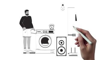 Black man managing smart household appliances using tablet hand drawn whiteboard sketch animation. Wi-Fi technology. IoT user with home devices animated handdrawn concept pencil drawing 4K video