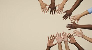 Diverse Hands United. A Symbol of Unity, Collaboration, and Global Teamwork photo
