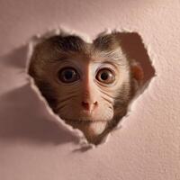 Curious monkey peeking through heart shaped hole in pink paper photo