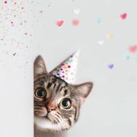 Cute cat wearing party hat peeking behind white background with colorful confetti and hearts photo